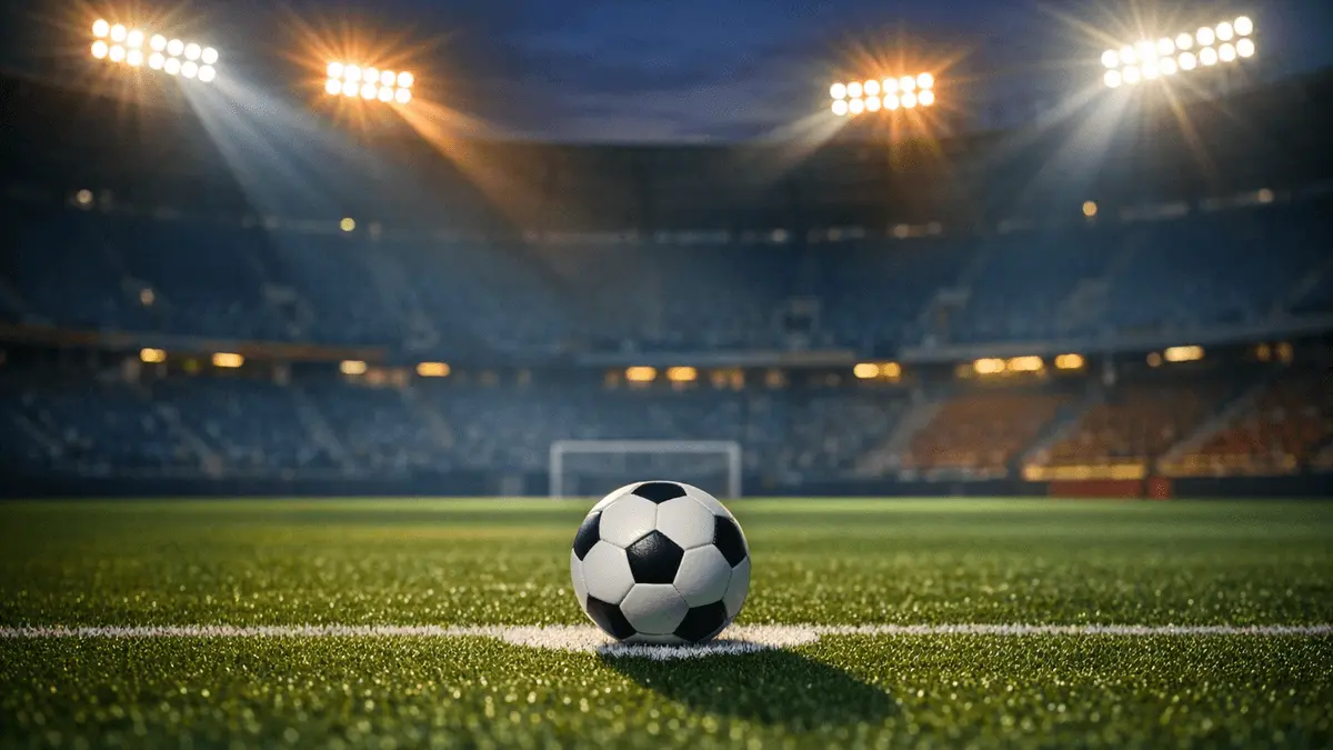Floodlit football pitch at dusk with match ball on penalty spot, dramatic stadium lighting with orange, white, yellow and blue accent colours.