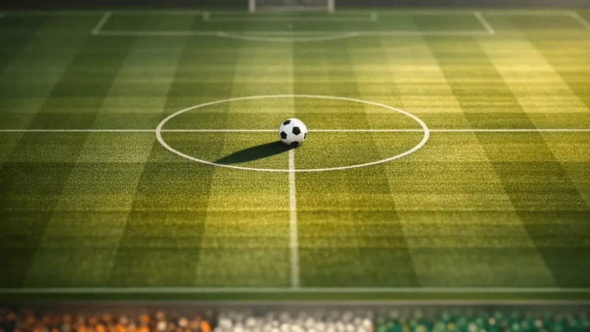 Overhead stadium view of football pitch with ball on centre spot, golden floodlights, orange-white-green colour palette from Ivorian flag.