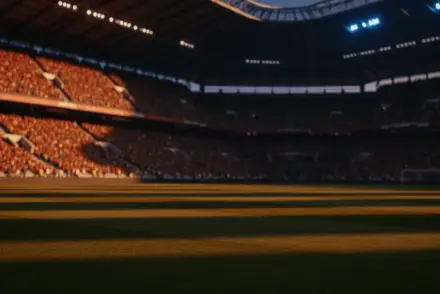 Floodlit stadium at dusk with packed crowd, dramatic shadows, golden-hour lighting, shallow depth of field.