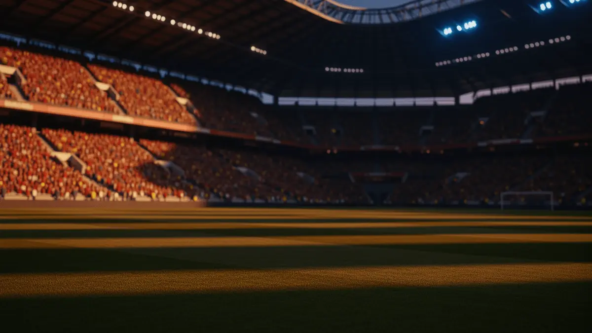Floodlit stadium at dusk with packed crowd, dramatic shadows, golden-hour lighting, shallow depth of field.
