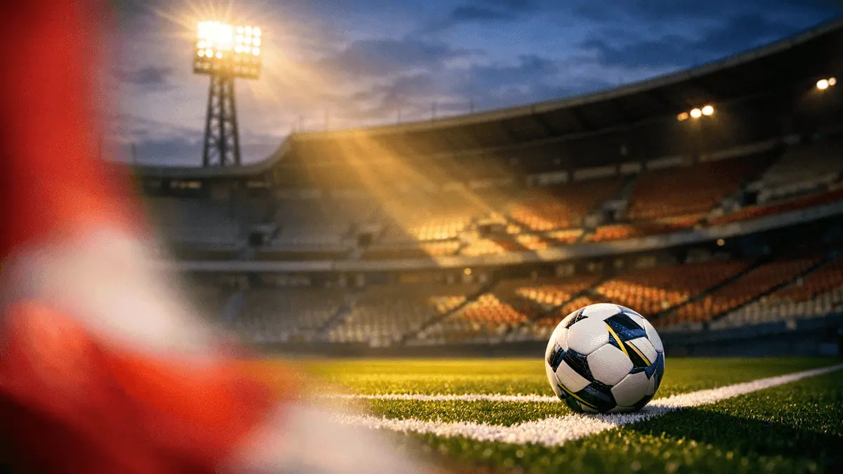 Empty stadium corner at night with red-white lighting accents, match ball on touchline, dramatic shadows on stands.
