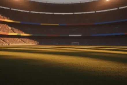 Floodlit football pitch at golden hour with packed stadium stands, blue and yellow mixed with orange and green atmospheric lighting.