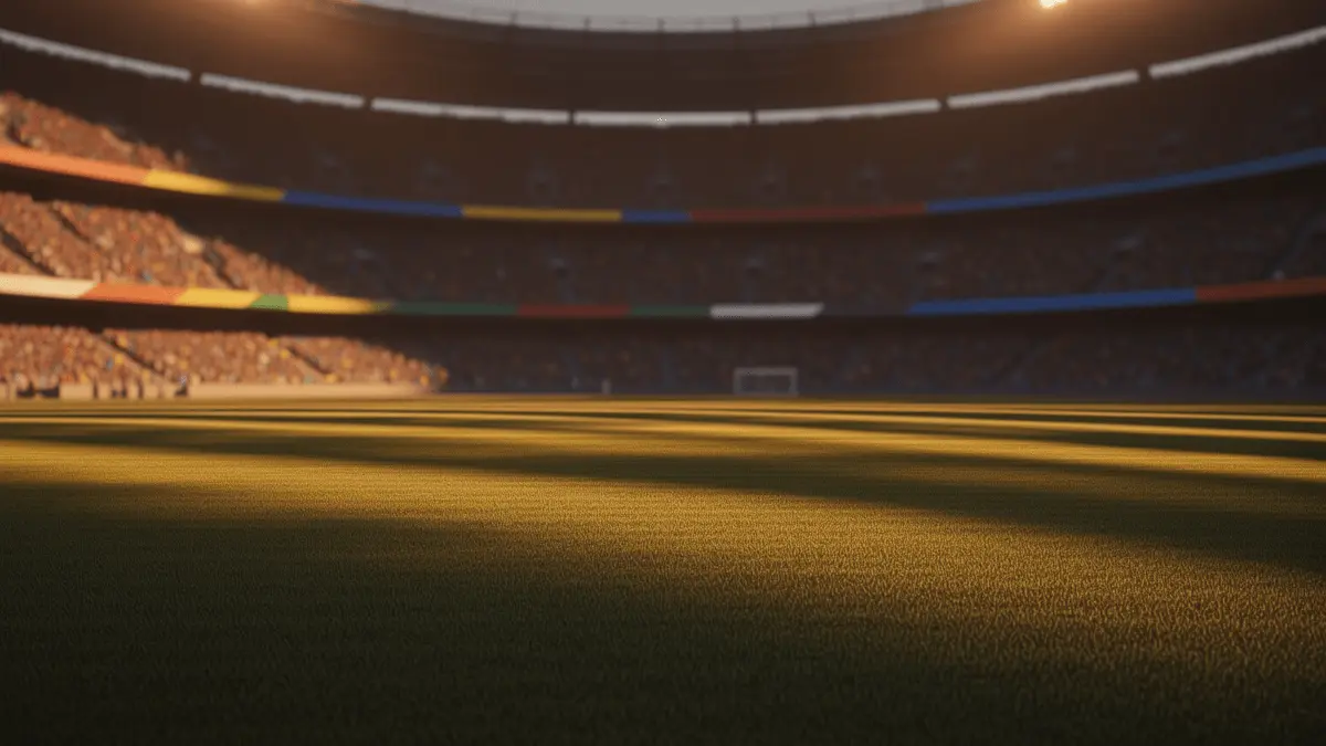 Floodlit football pitch at golden hour with packed stadium stands, blue and yellow mixed with orange and green atmospheric lighting.