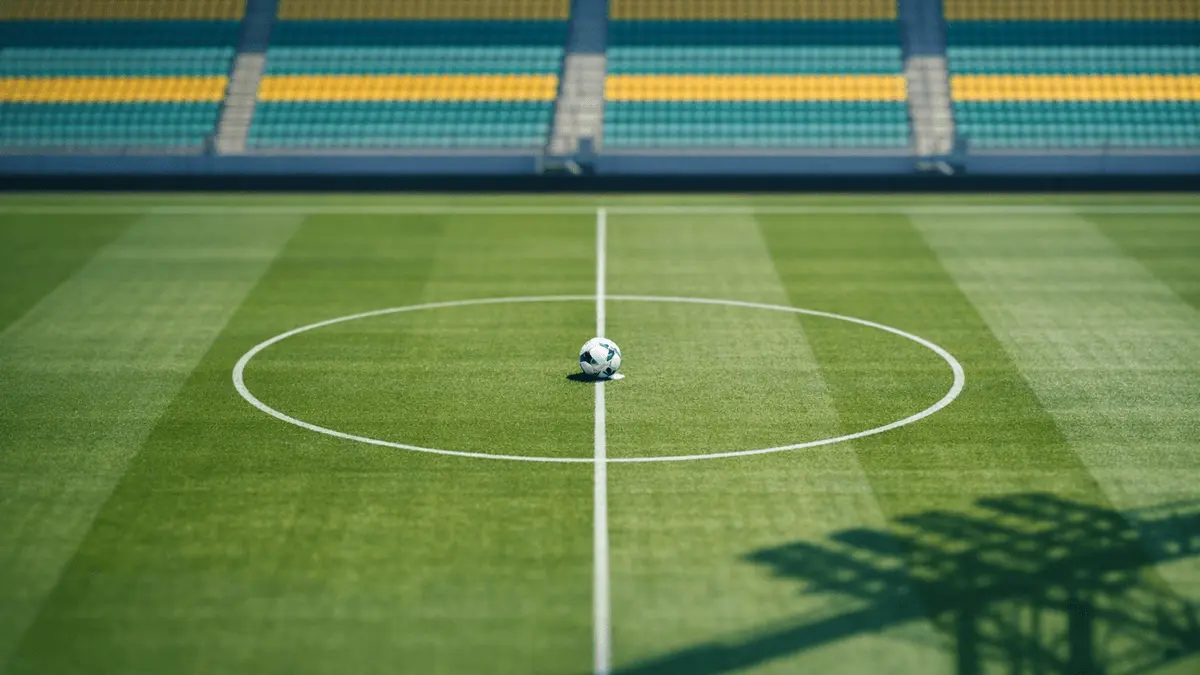 Elevated stadium view with turquoise and yellow pitch markings, match ball on centre spot, floodlit pylons casting shadows.