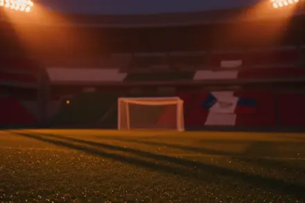 Empty floodlit stadium at dusk with burgundy-white and green-crimson sections, rain-slicked pitch, dramatic shadows.