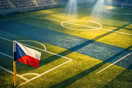 Floodlit football pitch corner flag at dusk with geometric shadows in blue and white tones, editorial sports photography style.