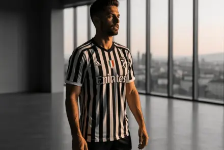 Footballer in striped training kit contemplating future at modern training facility in monochrome