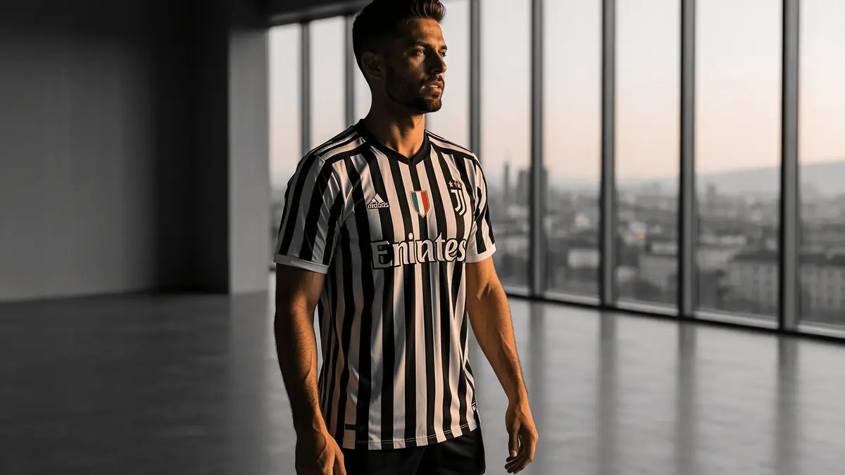 Footballer in striped training kit contemplating future at modern training facility in monochrome