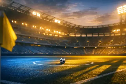 Empty floodlit football stadium corner view at dusk with blue and gold lighting, match ball on centre spot, cinematic shadows.