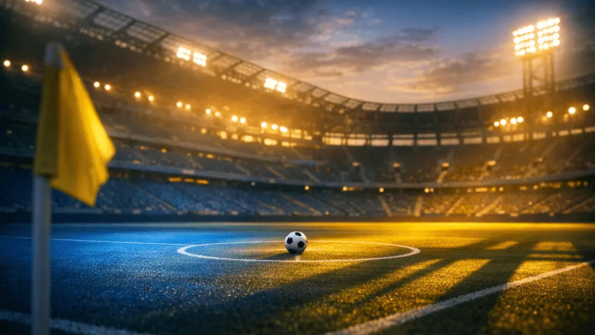 Empty floodlit football stadium corner view at dusk with blue and gold lighting, match ball on centre spot, cinematic shadows.