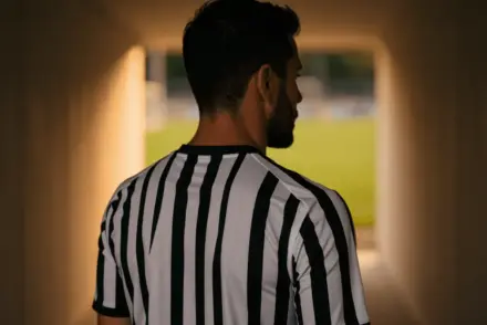 Footballer in striped jersey standing in stadium tunnel with golden sunlight streaming from pitch