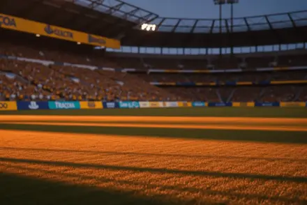 Floodlit World Cup stadium pitch at golden hour with dramatic shadows, Ecuador and Curaçao colour tones, empty field