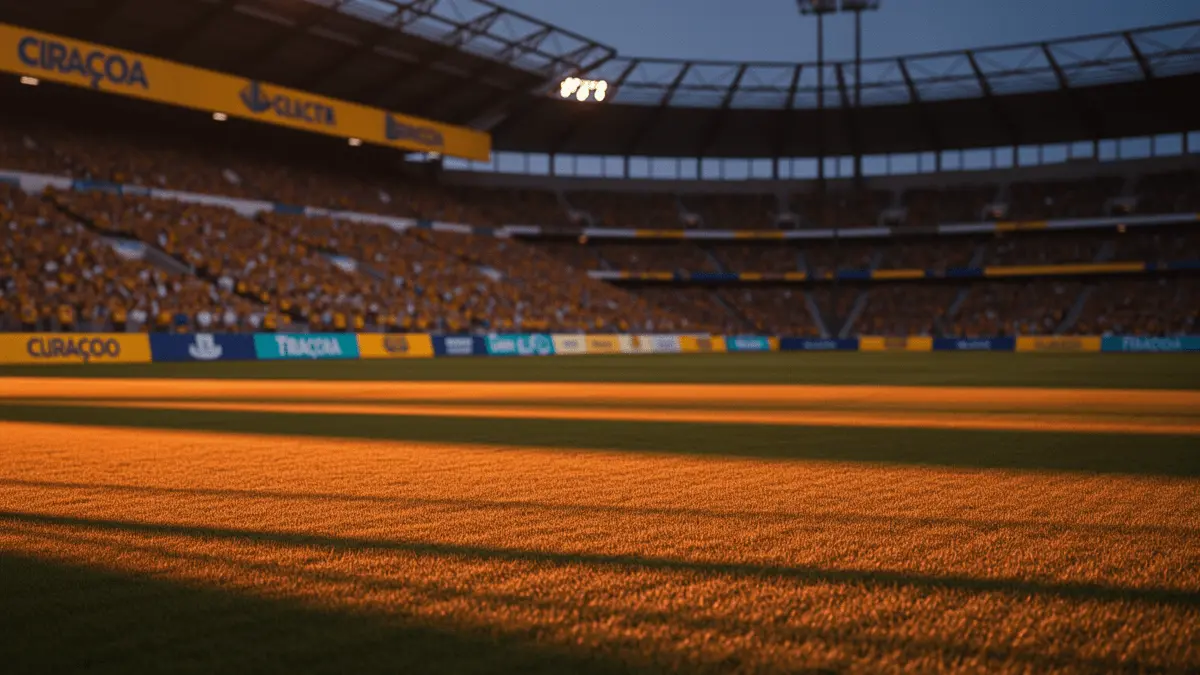 Floodlit World Cup stadium pitch at golden hour with dramatic shadows, Ecuador and Curaçao colour tones, empty field