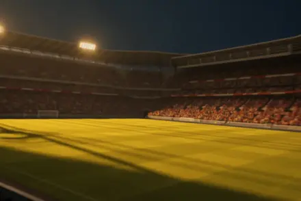 Floodlit stadium at golden-hour with packed stands, dramatic shadows, and Ecuador-Germany colour palette.
