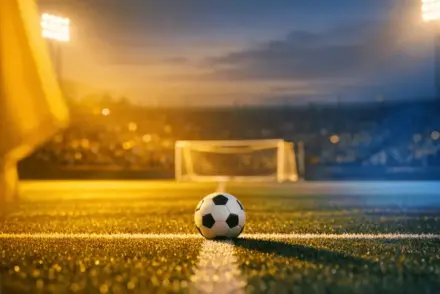 Floodlit pitch at dusk with match ball on midfield line, yellow and blue shadow patterns, empty stands in bokeh.