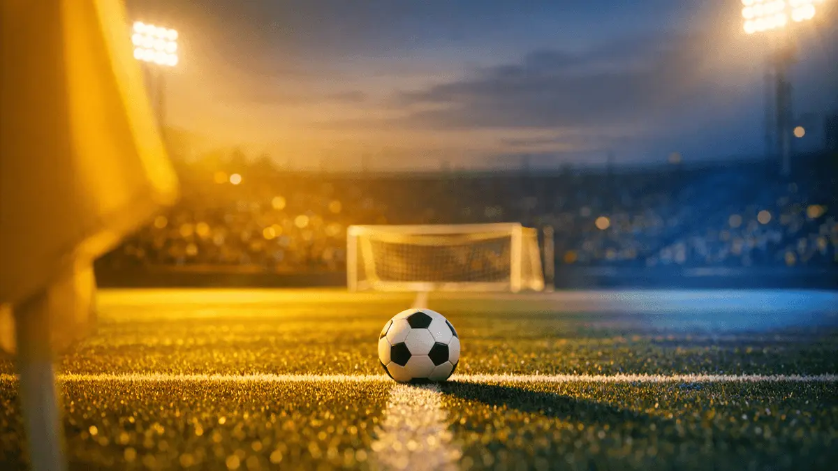 Floodlit pitch at dusk with match ball on midfield line, yellow and blue shadow patterns, empty stands in bokeh.
