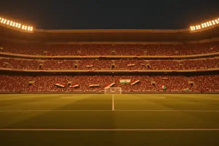 Empty floodlit football stadium at dusk with packed stands, golden-hour lighting, and dramatic shadows.