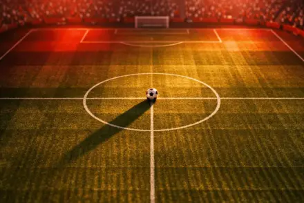 Overhead view of floodlit football pitch with ball on centre spot, illuminated in red and white lighting at dusk.