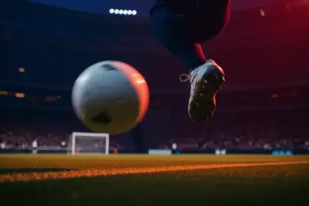 Football boot striking white ball in motion on floodlit pitch, evening stadium atmosphere with blue and red lighting accents.