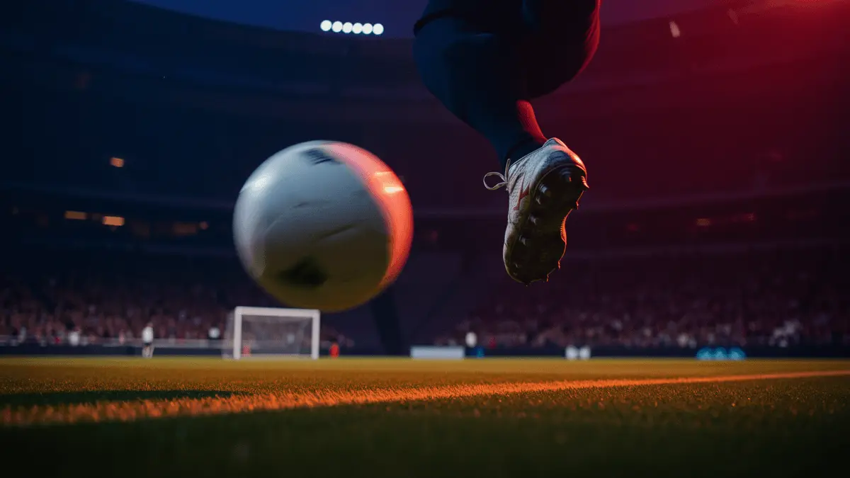 Football boot striking white ball in motion on floodlit pitch, evening stadium atmosphere with blue and red lighting accents.