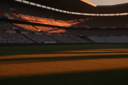 Floodlit stadium pitch at dusk with dramatic shadows, packed empty stands, golden-hour lighting, cinematic sports photography.