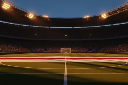 Floodlit football stadium pitch at dusk with packed stands, golden-hour lighting, dramatic shadows across green turf.