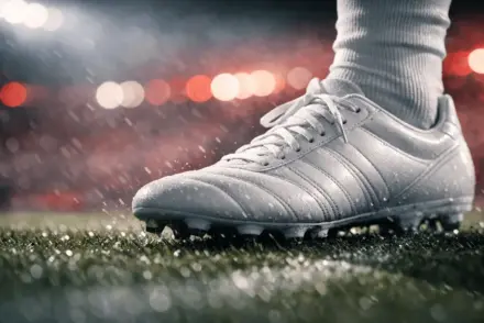 White football boot on wet pitch with red stadium lights, cinematic sports photography style.