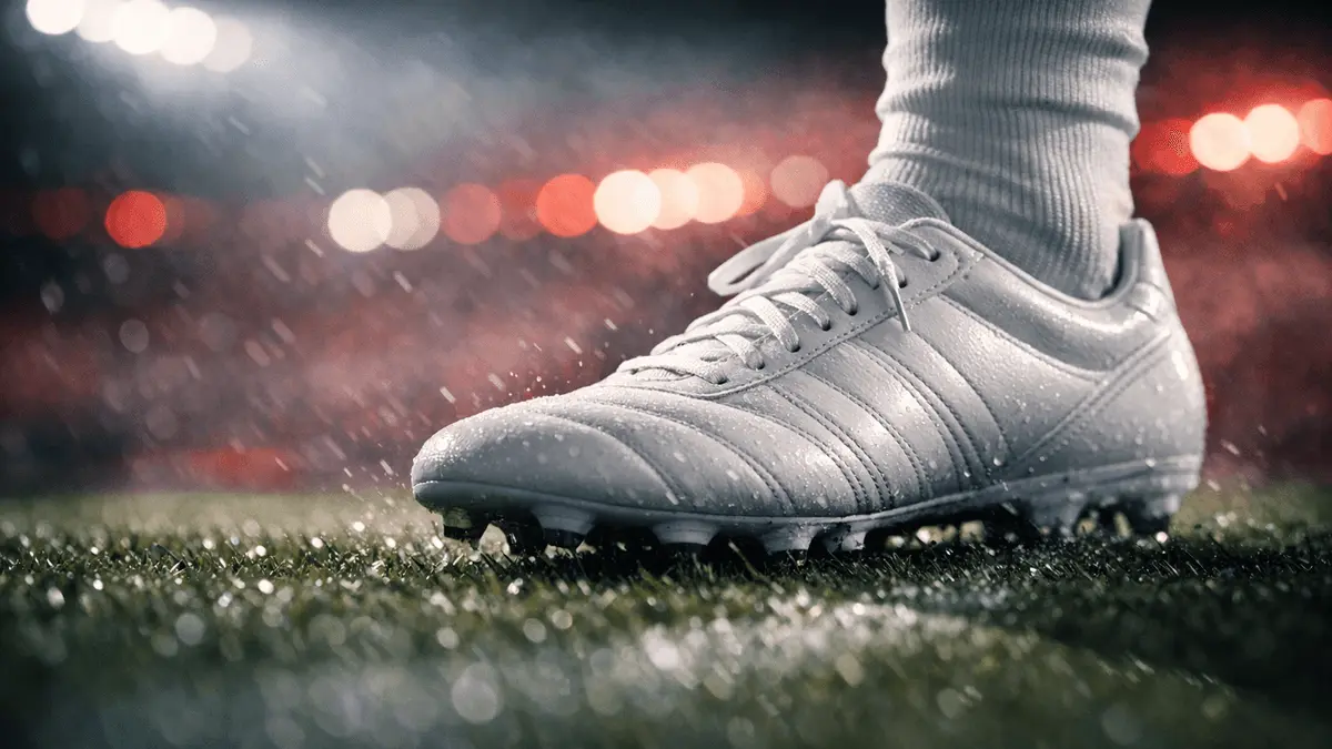 White football boot on wet pitch with red stadium lights, cinematic sports photography style.