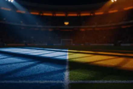 Floodlit stadium pitch at golden hour with dramatic shadows, blue and white colour palette.