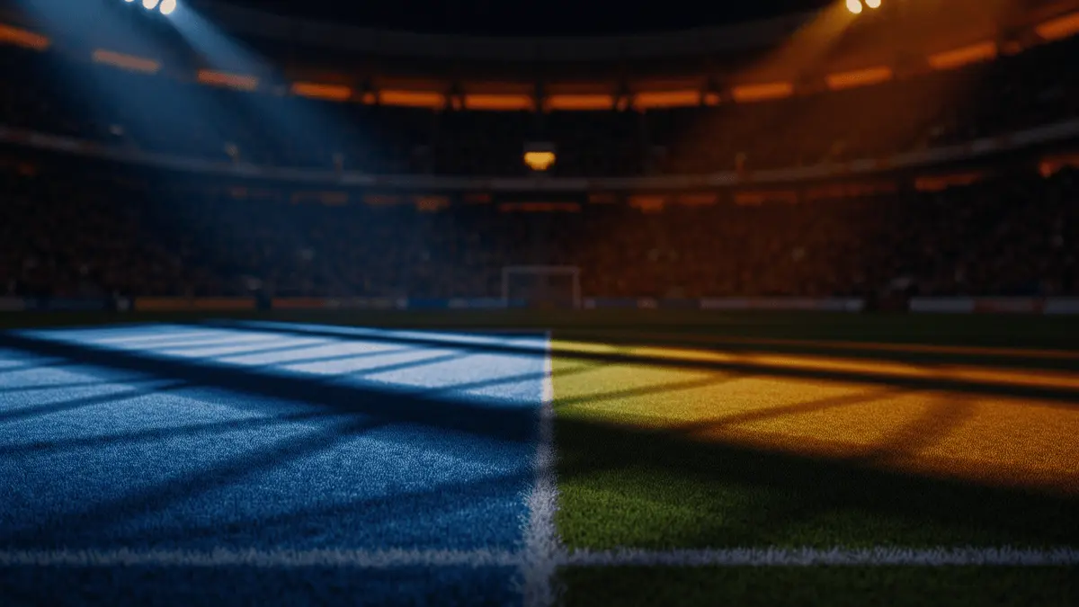 Floodlit stadium pitch at golden hour with dramatic shadows, blue and white colour palette.