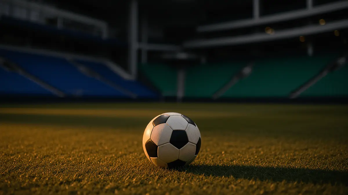 Empty stadium corner with match ball in foreground, lit in French navy and Senegalese green, evening floodlight mood.