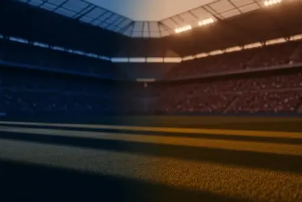 Empty floodlit stadium pitch at dusk with French and Swedish colour tones, packed stands, dramatic shadows.