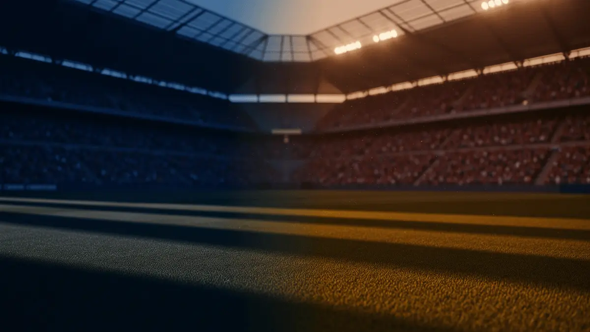 Empty floodlit stadium pitch at dusk with French and Swedish colour tones, packed stands, dramatic shadows.