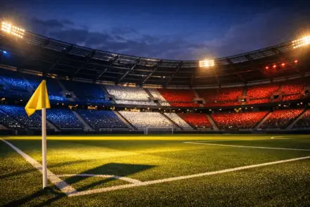 Empty stadium corner perspective with blue and white accent lighting and dramatic shadows across pitch, dusk lighting.