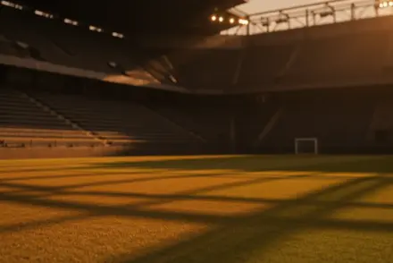 Floodlit football stadium at golden-hour kick-off with dramatic shadow patterns on empty pitch