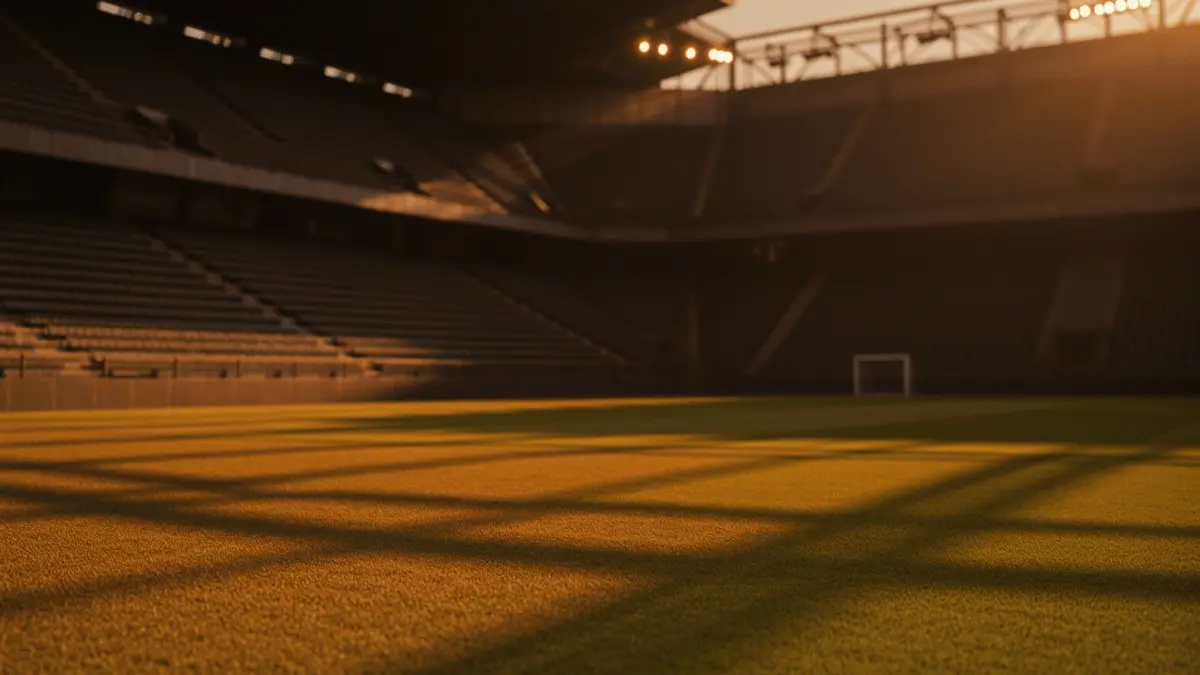 Floodlit football stadium at golden-hour kick-off with dramatic shadow patterns on empty pitch