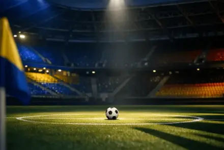 Empty floodlit football pitch at dusk with match ball on centre spot, illuminated by dramatic corner-flag perspective and national-colour stadium lighting.