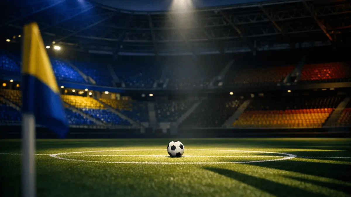 Empty floodlit football pitch at dusk with match ball on centre spot, illuminated by dramatic corner-flag perspective and national-colour stadium lighting.