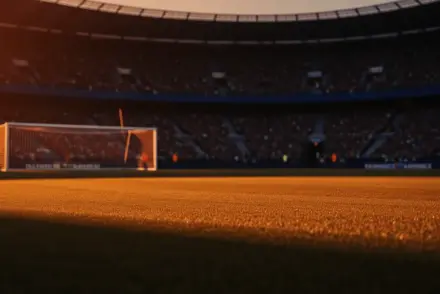 Floodlit stadium pitch at dusk with packed stands and dramatic shadow patterns, golden-hour lighting and cinematic colour grade.