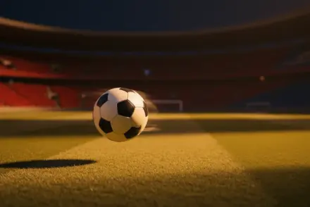 Floodlit stadium pitch at evening kick-off with football mid-flight, dramatic shadows, gold and red atmospheric lighting, shallow depth of field.