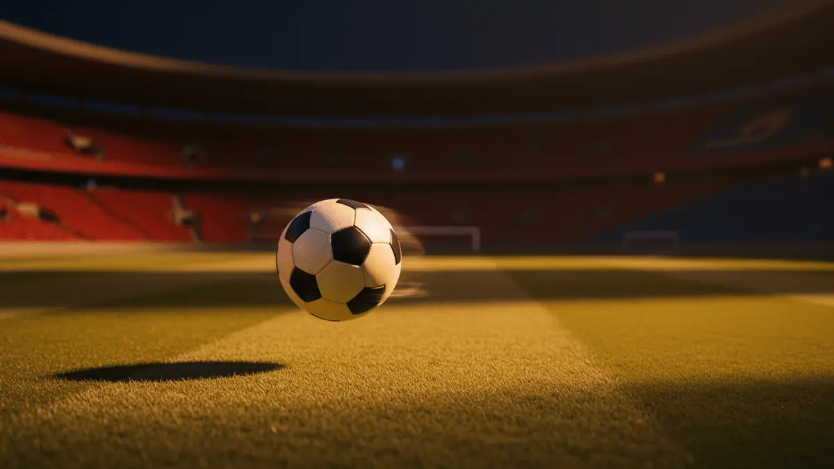 Floodlit stadium pitch at evening kick-off with football mid-flight, dramatic shadows, gold and red atmospheric lighting, shallow depth of field.
