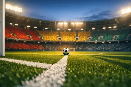 Empty floodlit stadium lower bowl with Ghana flag colours in stand sections, match ball on centre spot, golden evening lighting.