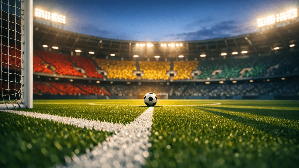 Empty floodlit stadium lower bowl with Ghana flag colours in stand sections, match ball on centre spot, golden evening lighting.