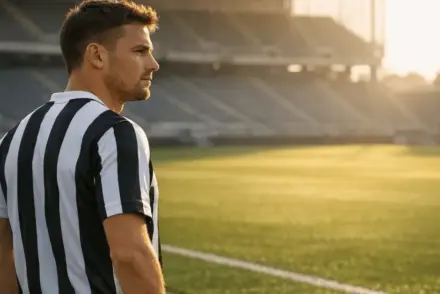 Footballer in striped jersey contemplating decision in empty stadium at golden hour