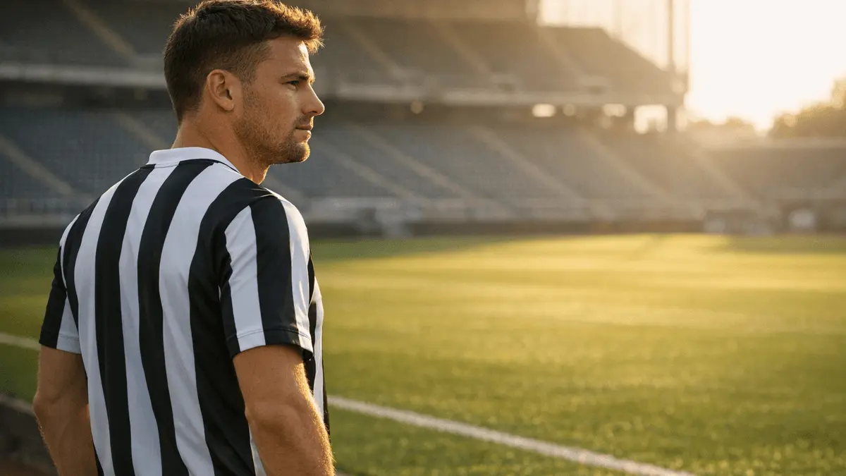 Footballer in striped jersey contemplating decision in empty stadium at golden hour