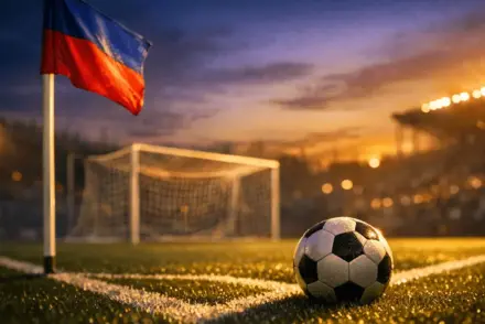 Football pitch at golden hour with illuminated corner flag in Haiti's flag colours, match ball in foreground, dramatic stadium shadows.