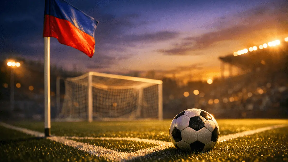 Football pitch at golden hour with illuminated corner flag in Haiti's flag colours, match ball in foreground, dramatic stadium shadows.