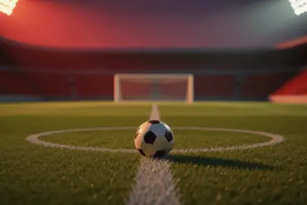 Empty stadium pitch at dusk, match ball on centre spot, dramatic floodlights in crimson-red and white, pre-match anticipation mood.