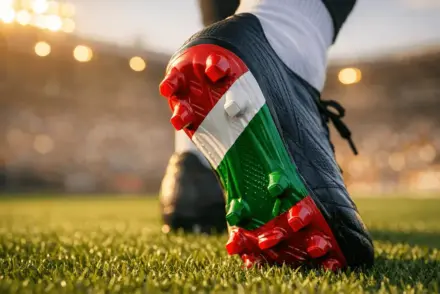 Football boot on grass pitch in Iran flag colours under golden stadium floodlights with dramatic shadows.