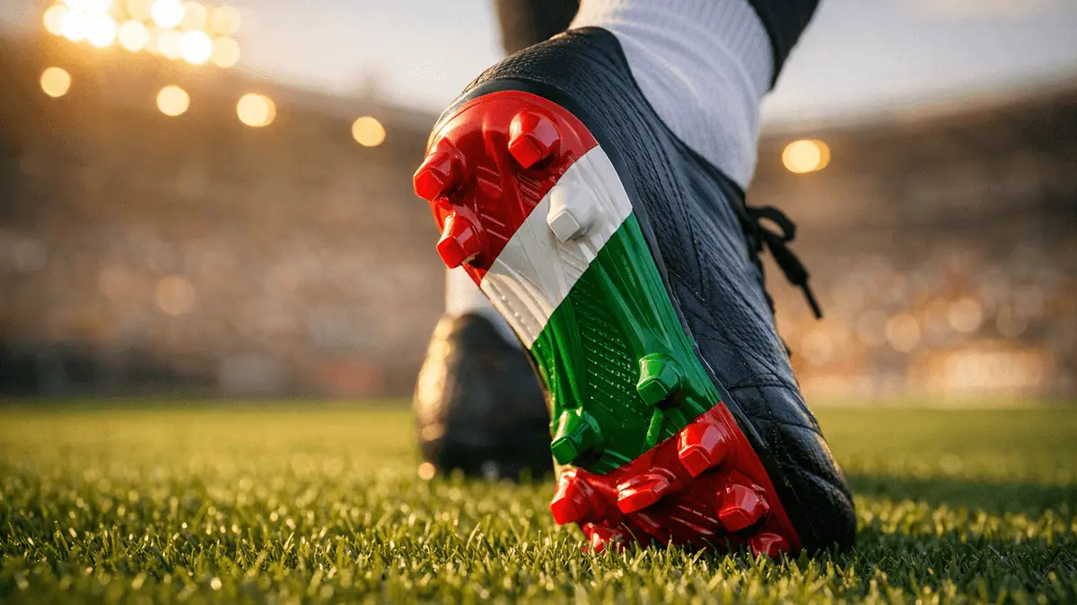 Football boot on grass pitch in Iran flag colours under golden stadium floodlights with dramatic shadows.